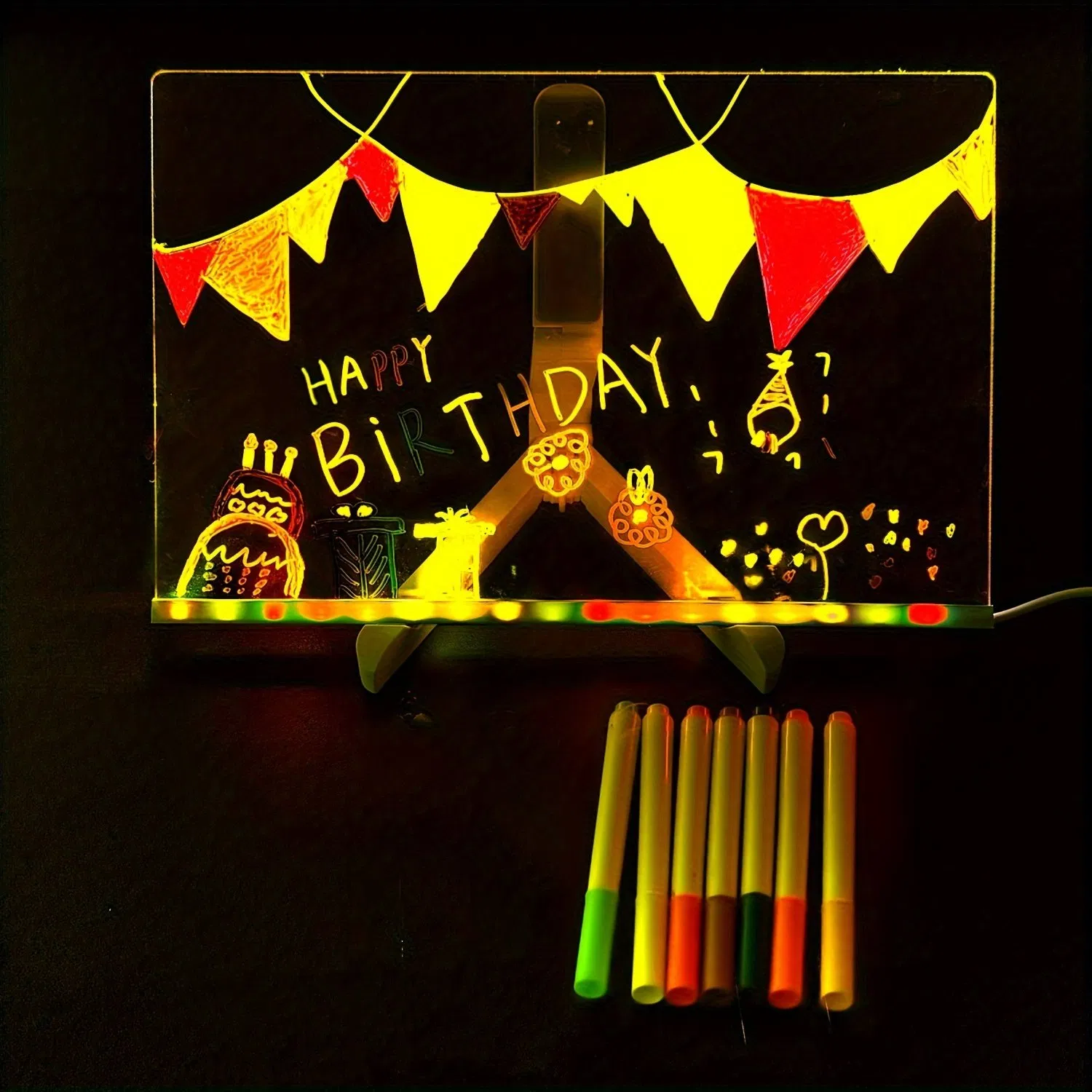 LED Message Board with 7 Color Pens Acrylic Glow-in-The-Dark Drawing Board LED Illuminated Drawing Tablet with Stand for Office Home Christmas Day Gift New Year