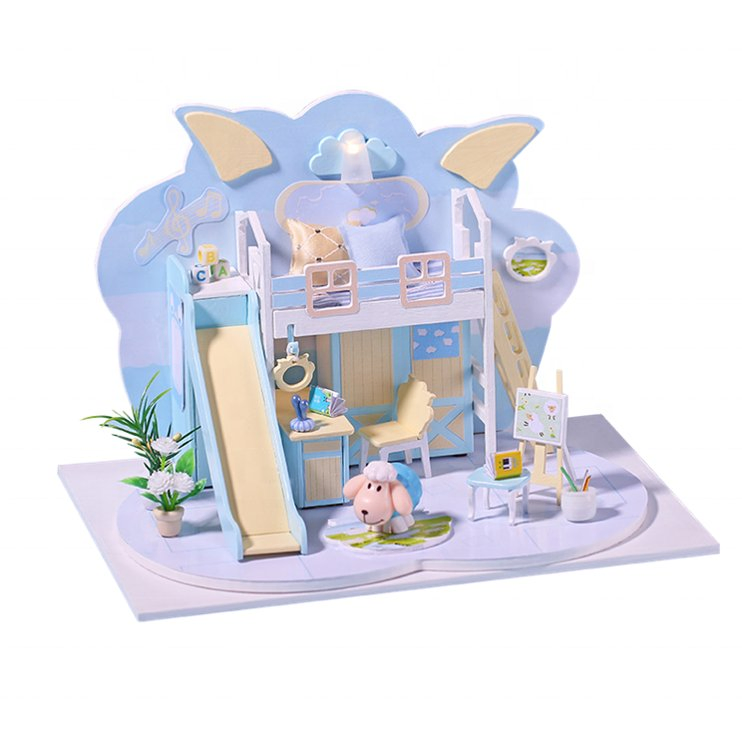 3D DIY Blue Wooden Educational Toys Outdoor Miniature Doll House