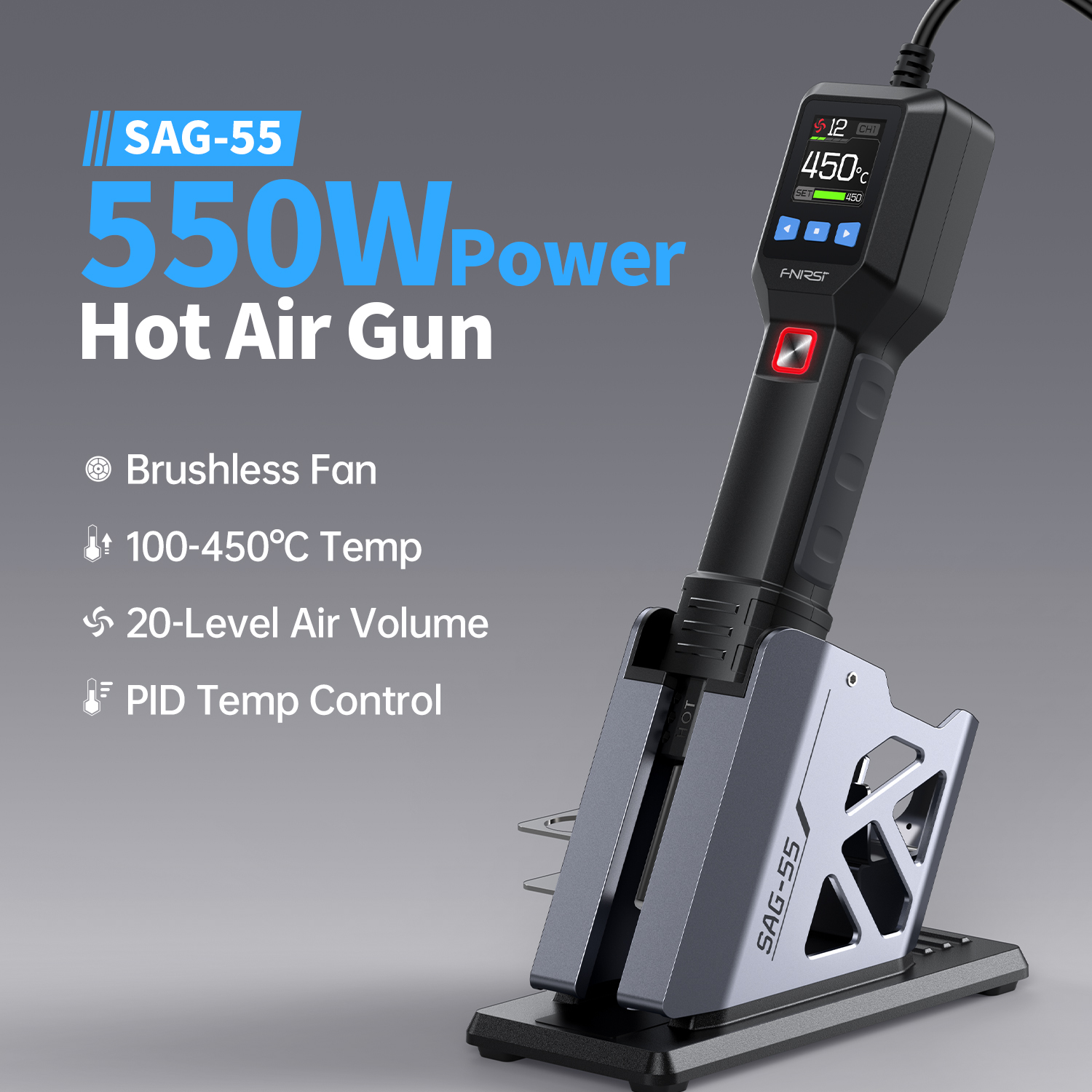 FNIRSI SAG-55 High Equipment Intelligent Hot Air Gun 550W Power Brushless Fan Hot Air Gun