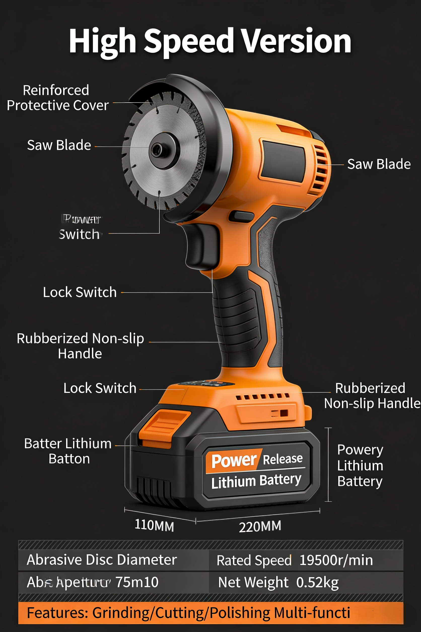 12V Rechargeable Lithium Battery Pipe Cutting Machine with Motor 1.5KW for Cutting Metal Tile Wood Portable Cordless