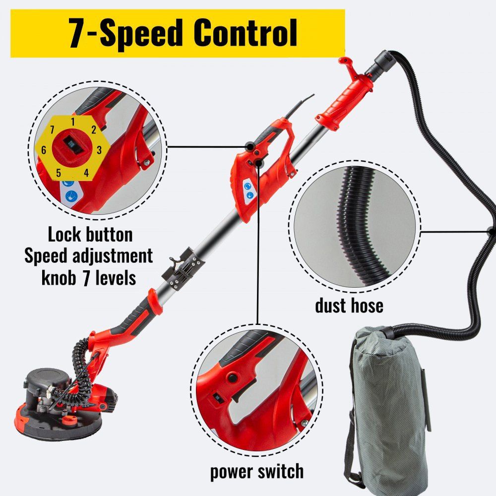 Electric Drywall Sander 850W 800-1750RPM Variable Speed Foldable Handle For Sheetrock Sanding With Vacuum Bag