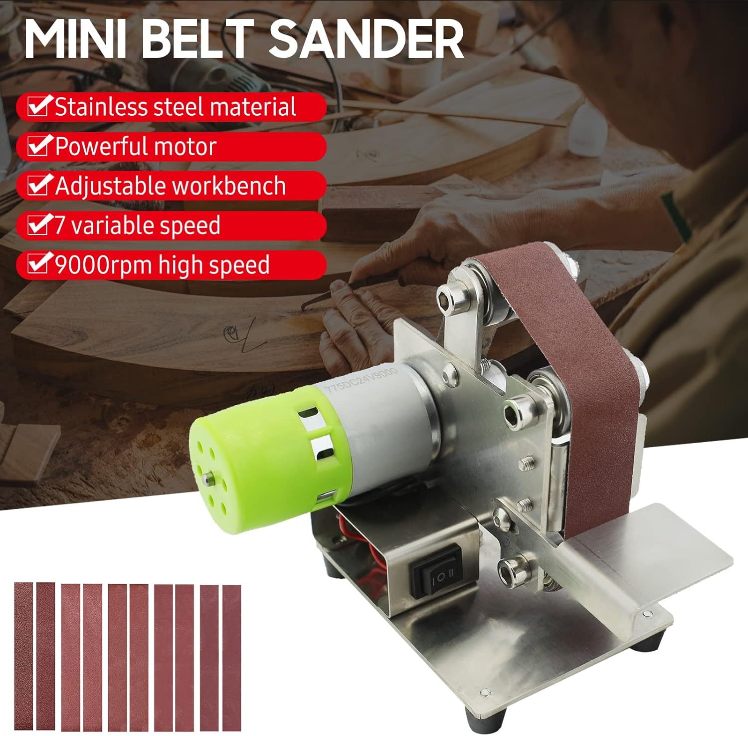 Mini Belt Sander Electric 7 Variable Speed 10 Sanding Belts Fine/Extra Fine Grit 240V Polishing Wood Acrylic Metal