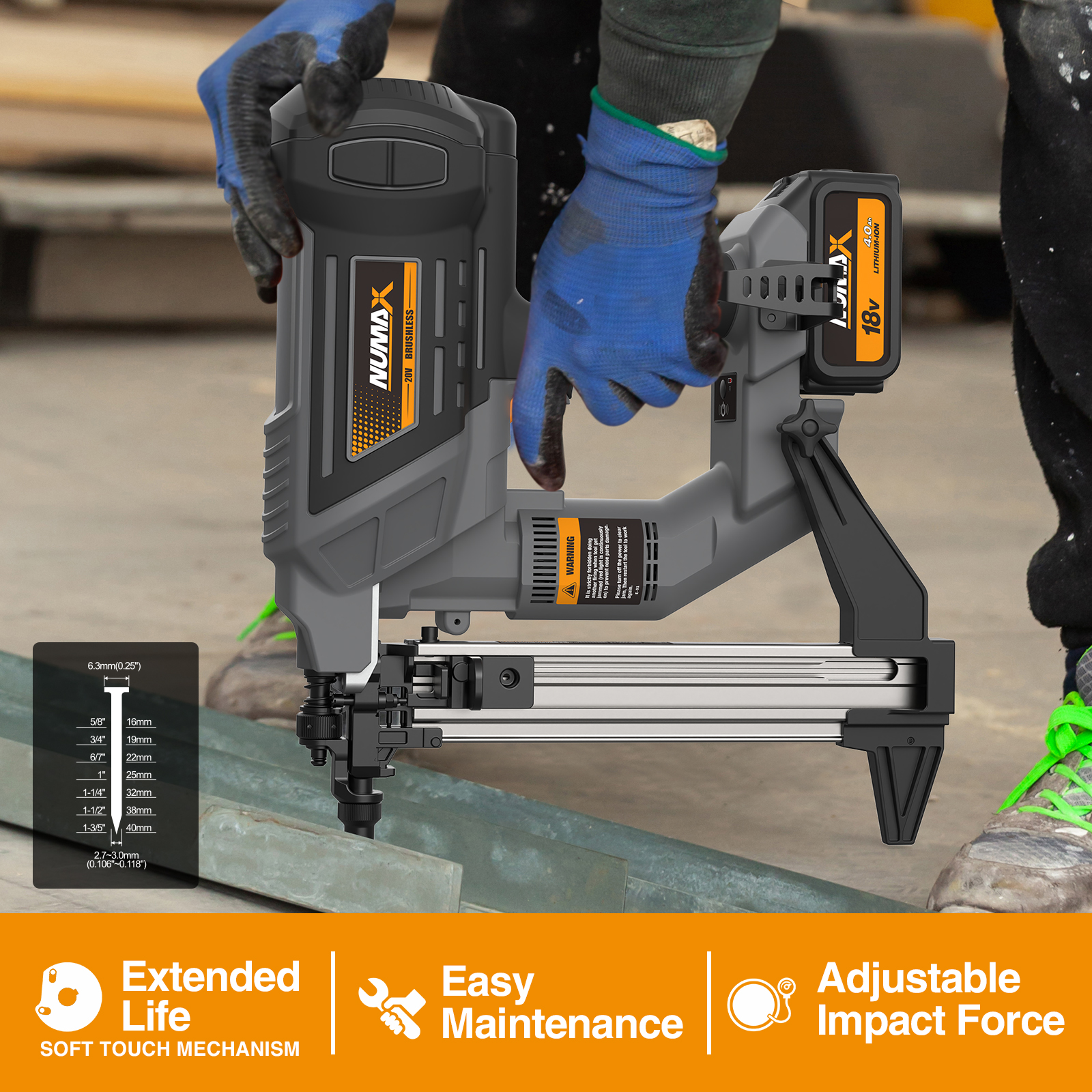 Numax 40mm Heavy Duty 18V Battery Powered Concrete Nail Gun Cordless Concrete Nailer for Concrete and Steel
