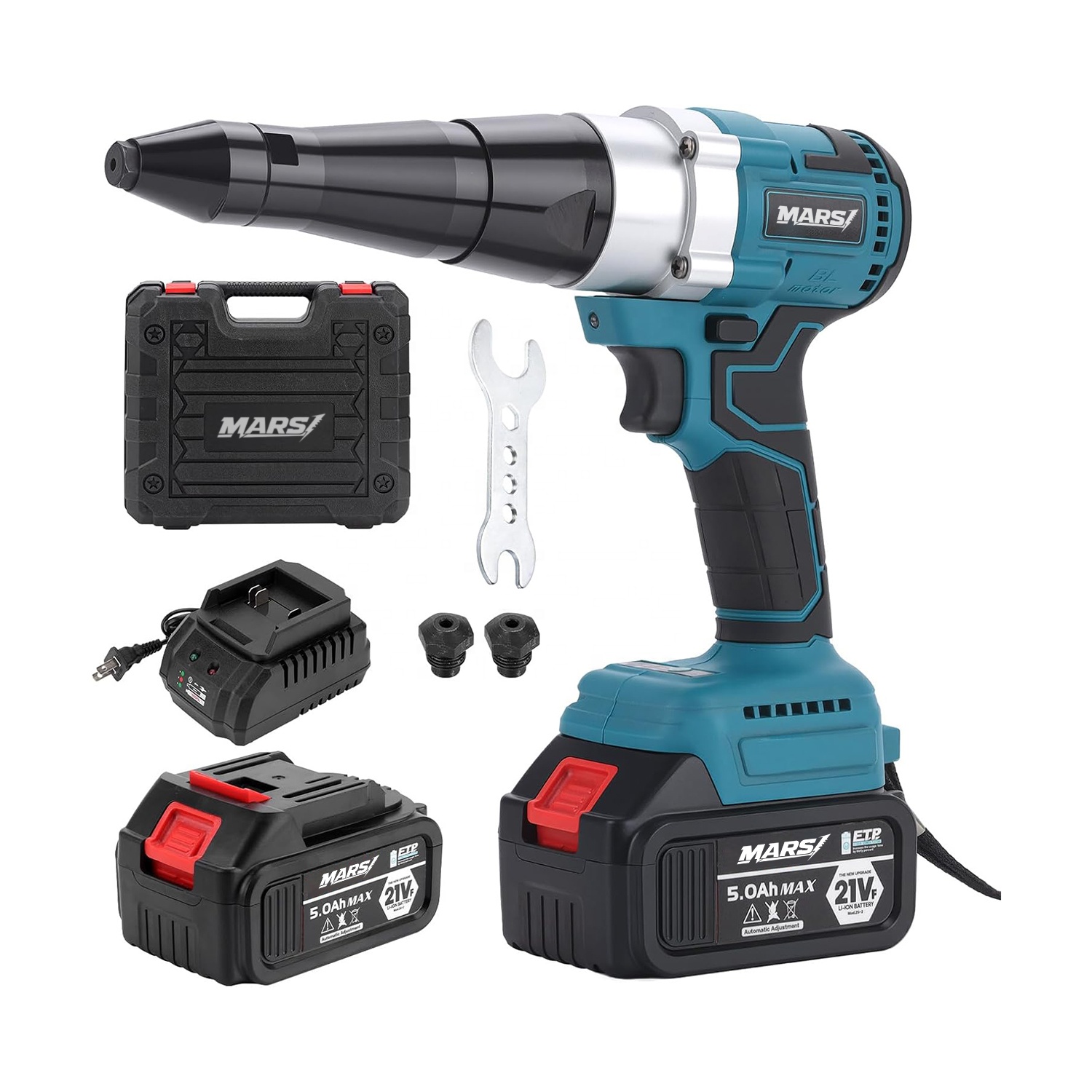 MARS Cordless Brushless Rivet Gun Portable Automatic 2248lbf Electric Riveter Kit 1/8" 5/32" 3/16" Rivets W/ 2 Pack 5.0Ah 21V