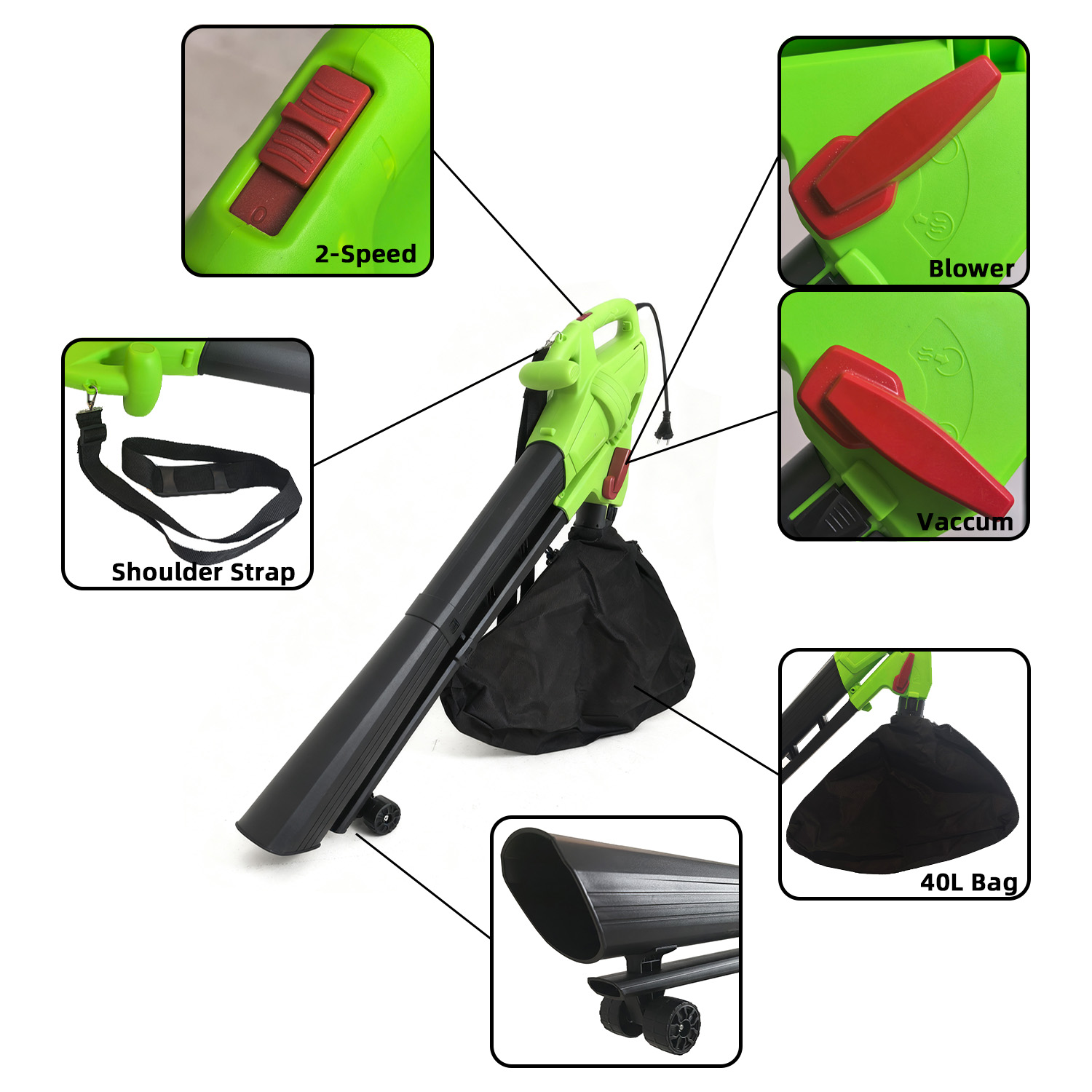 VERTAK 2600W 3-in-1 Corded Electric Backpacker Leaf Blower Vacuum Cleaner &amp; Mulcher with 40L Dust Bag for Garden Cleanup