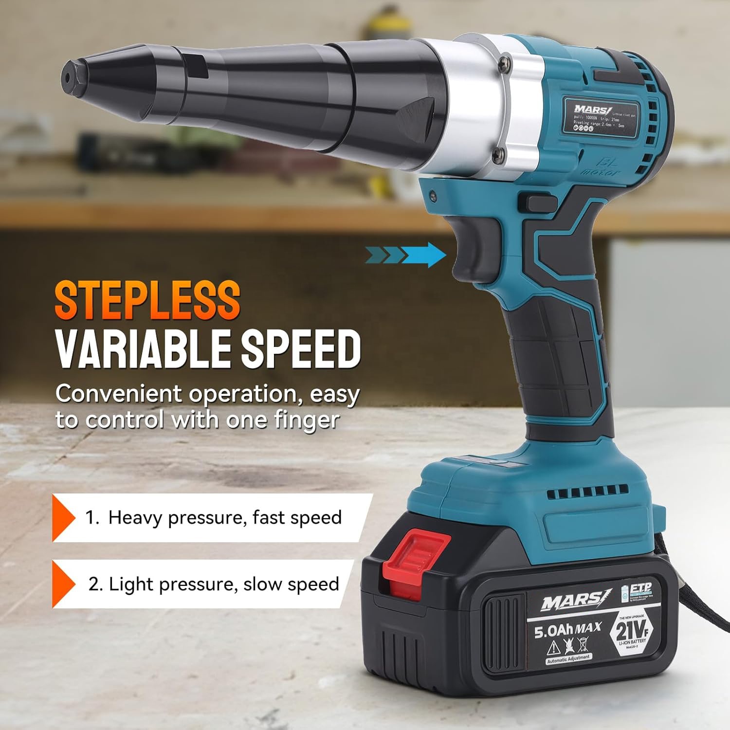 MARS Cordless Brushless Rivet Gun Portable Automatic 2248lbf Electric Riveter Kit 1/8" 5/32" 3/16" Rivets W/ 2 Pack 5.0Ah 21V