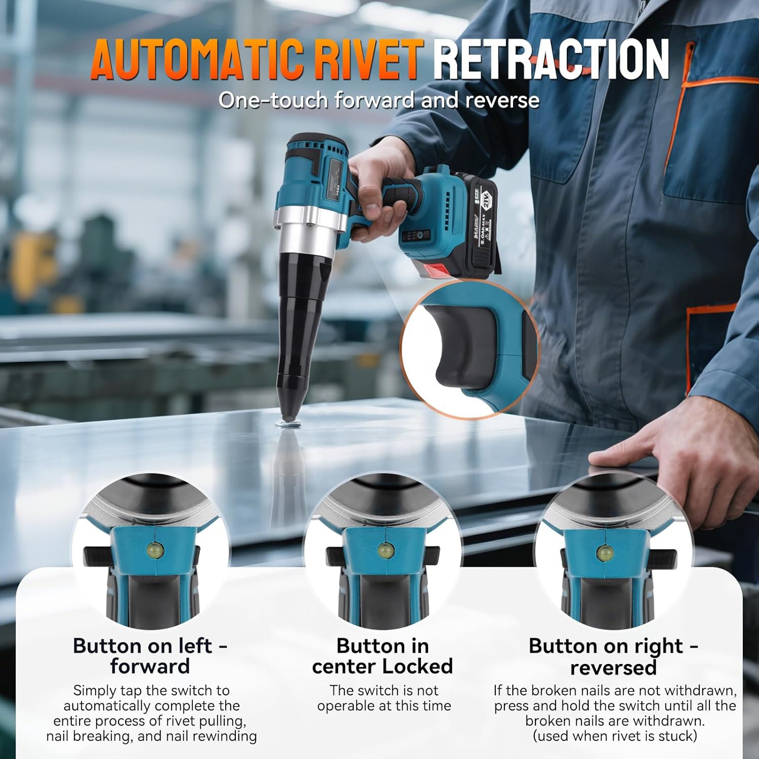 MARS Cordless Brushless Rivet Gun Portable Automatic 2248lbf Electric Riveter Kit 1/8" 5/32" 3/16" Rivets W/ 2 Pack 5.0Ah 21V