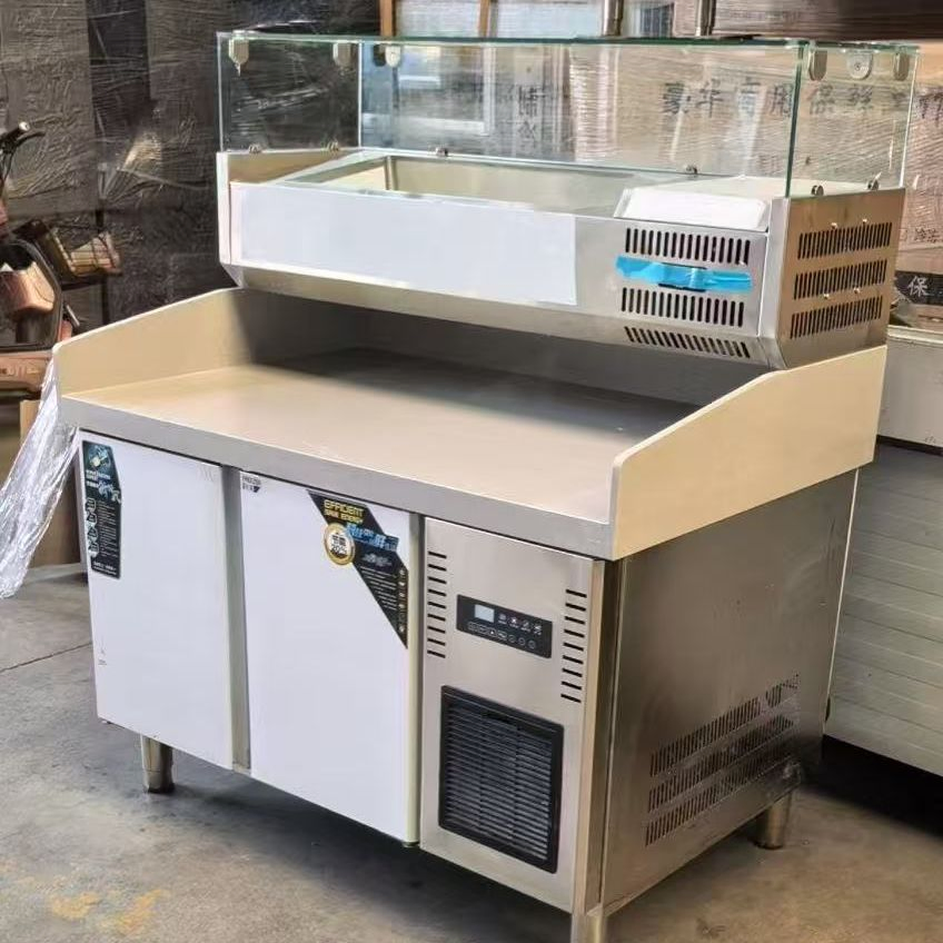 48" Commercial Refrigerated Pizza Prep Table Two Door with 8 Gn1/6 Pans and Marble Cutting Board with Large Space Marble Countertops