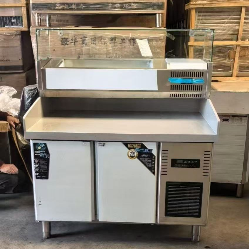 48" Commercial Refrigerated Pizza Prep Table Two Door with 8 Gn1/6 Pans and Marble Cutting Board with Large Space Marble Countertops