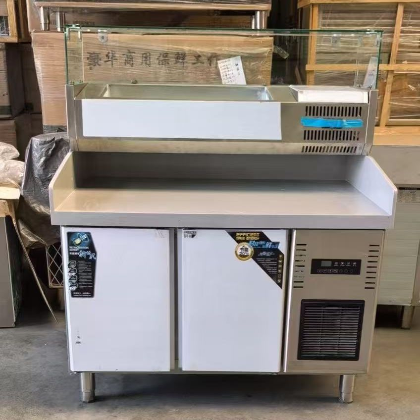 48" Commercial Refrigerated Pizza Prep Table Two Door with 8 Gn1/6 Pans and Marble Cutting Board with Large Space Marble Countertops