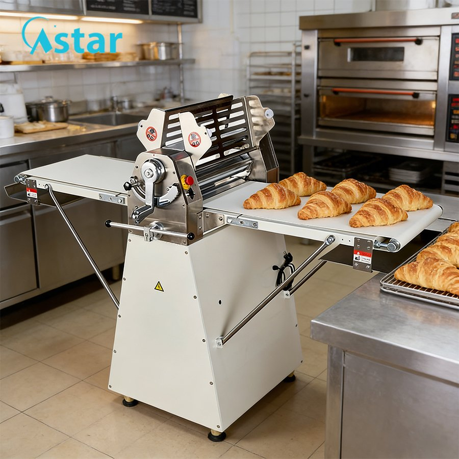 Commercial Bakery Equipment Kitchen Equipment Manufacturer Folding Structure Design Standing Type Pastry Bread Sheeter Dough Sheeter