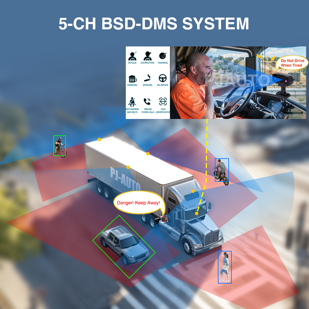 PJAUTO 5-CH AI BSD DMS Vehicle Safety DVR Monitoring System Blind Spot Detection System for Forklift Truck Bus Fleet