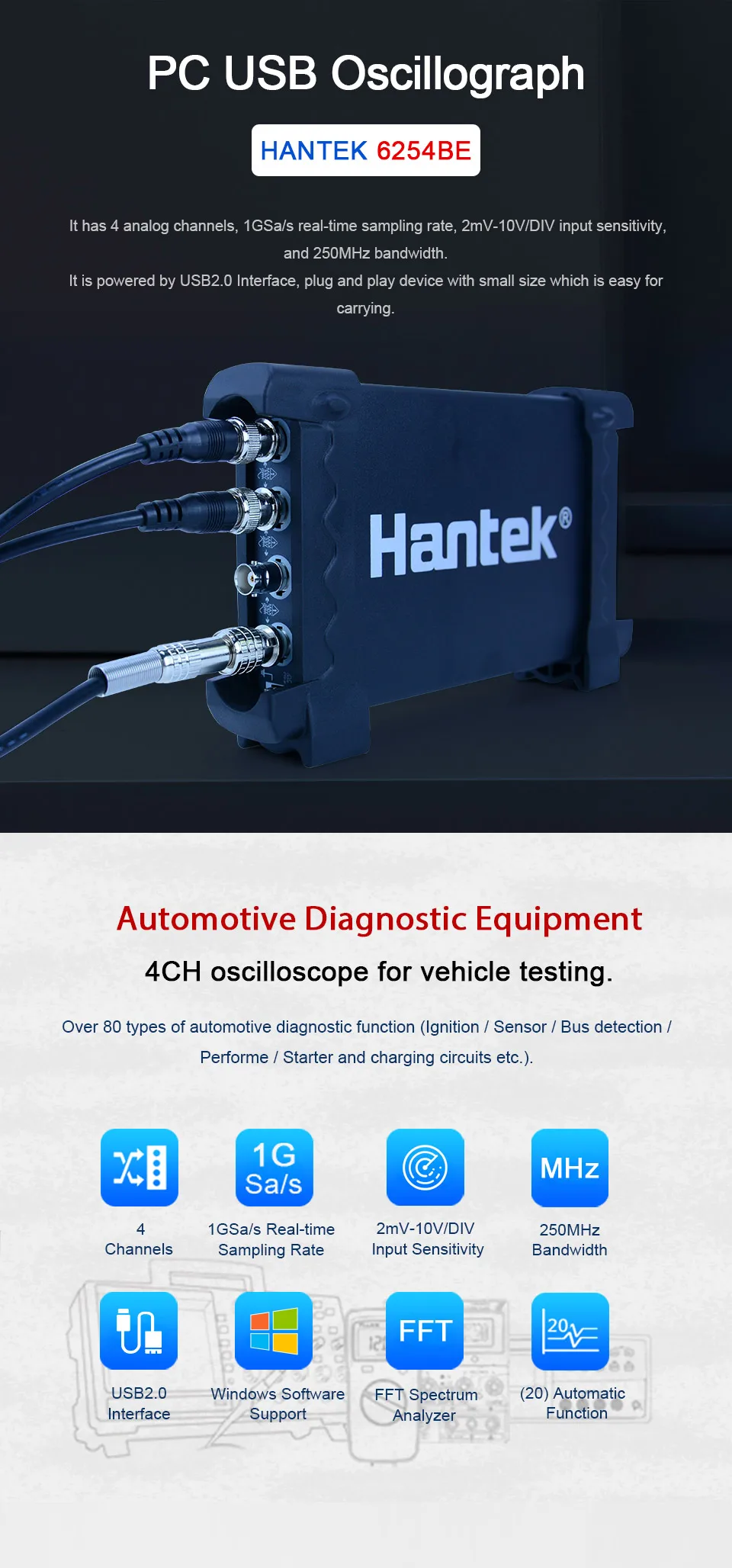 Hantek 6254BE Digital Diagnostic Oscilloscope Details 1