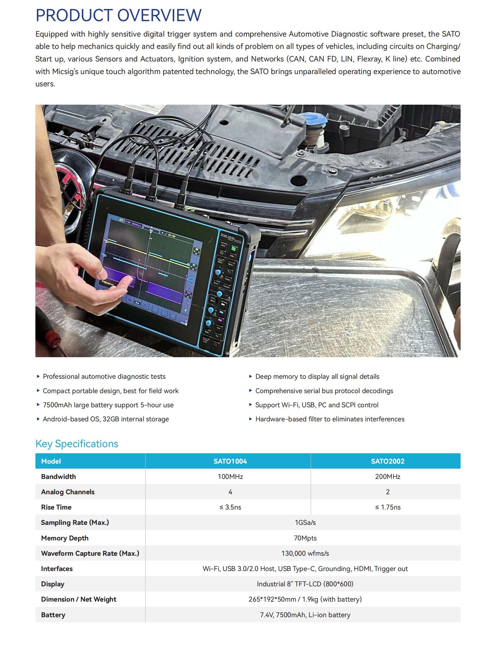 SATO2002 Automotive Diagnostic Oscilloscope Portable Battery-Powered Scope with Wi-Fi and SCPI Remote Control