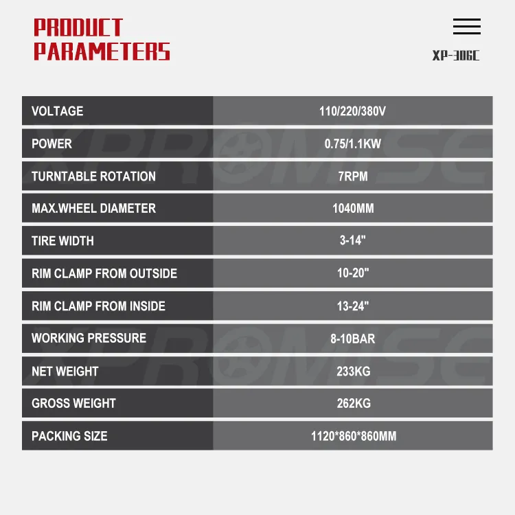 Automatic Tire Changer Machine Product Parameters