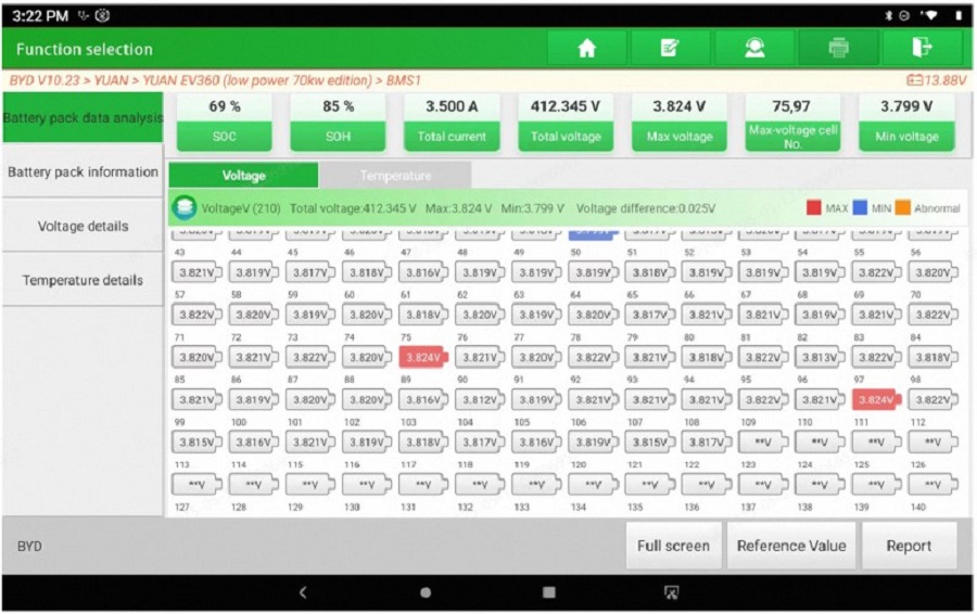 Battery Pack Diagnostics screen