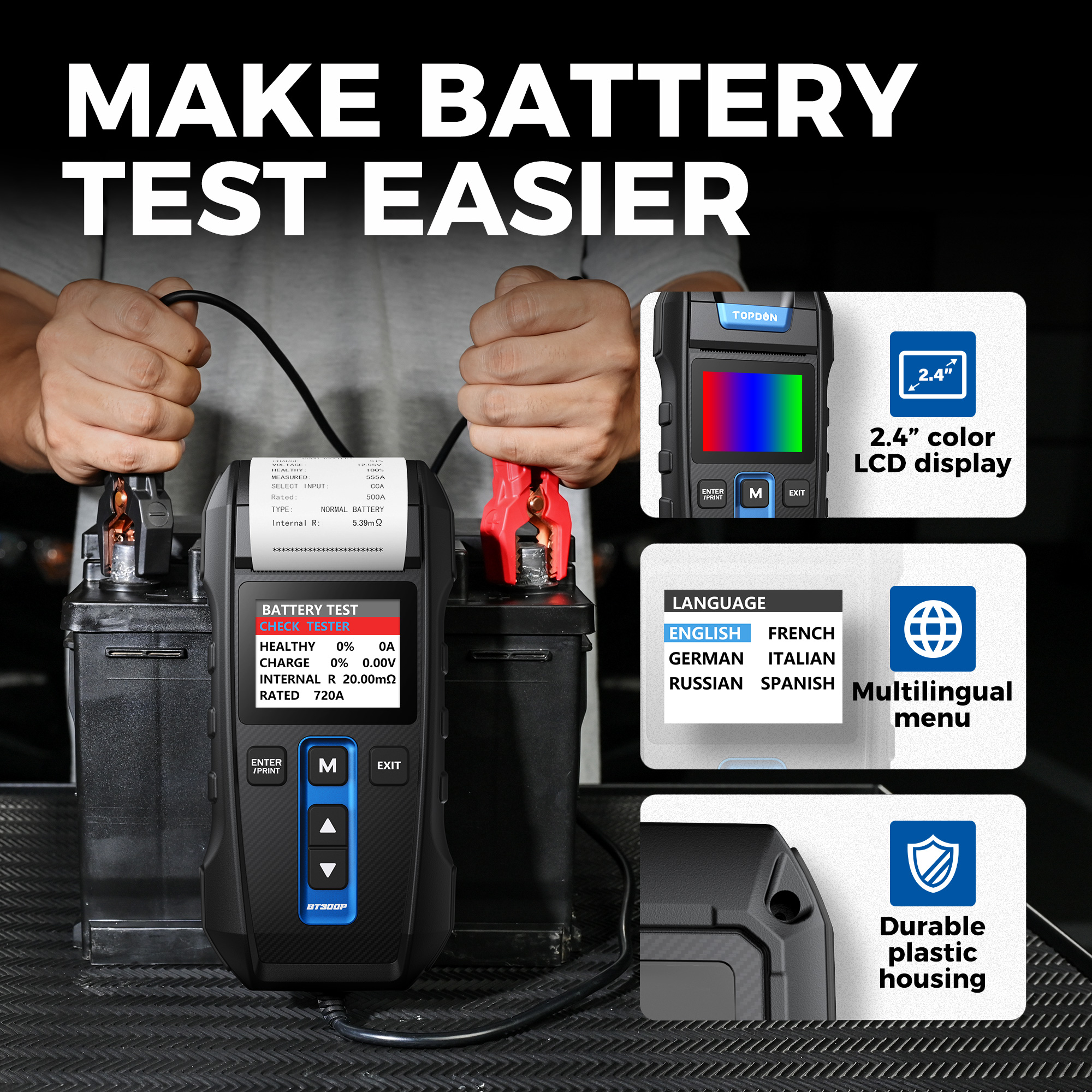 TOPDON BT300P Intelligent 12V 24V Automobile Battery Electricity Tester Automotive Analyzer