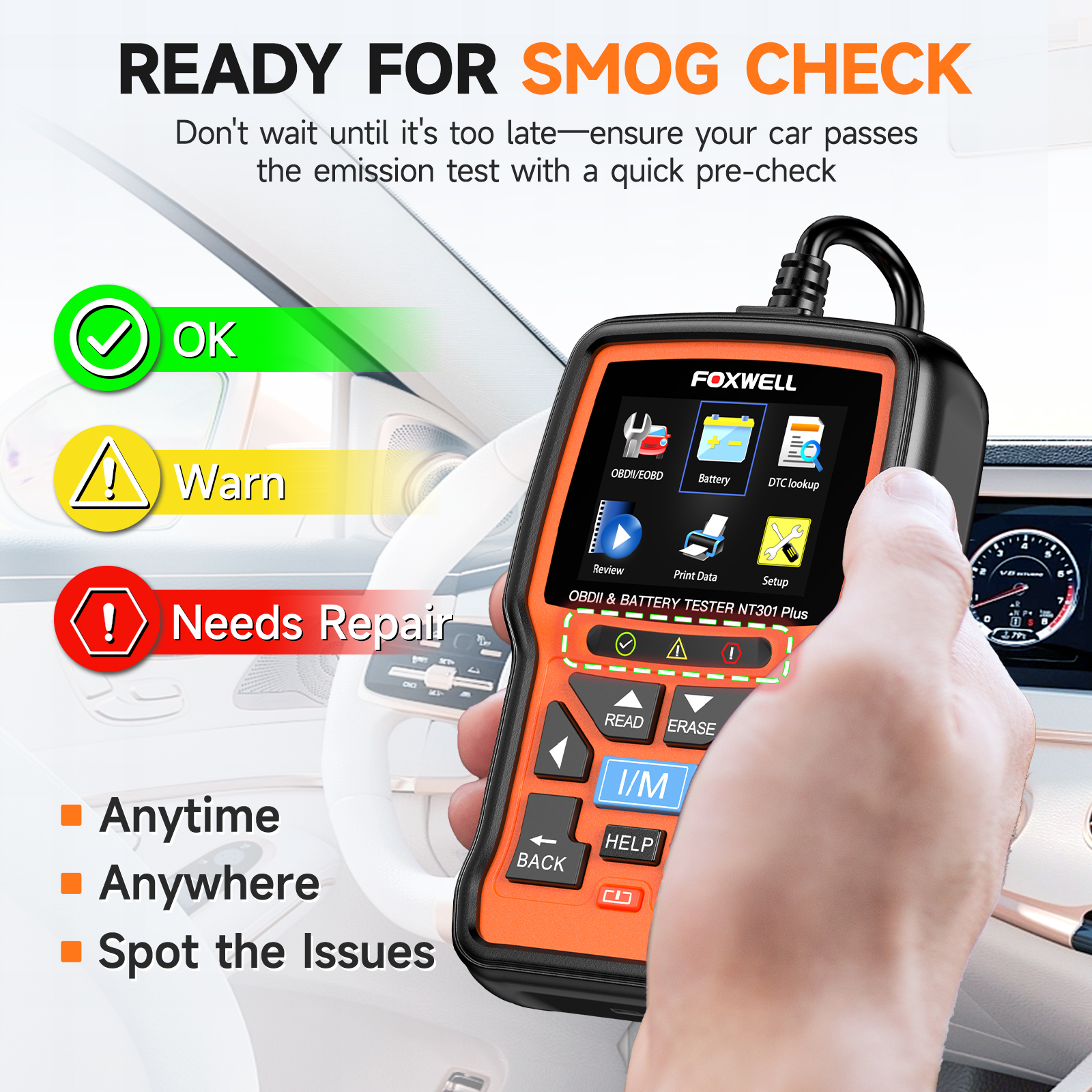 2025 Foxwell NT301 Plus 2-in-1 OBD 2 Scanner Grade a Engine Code Reader and Car Battery Tester 2 Year Warranty Diagnostic Tool