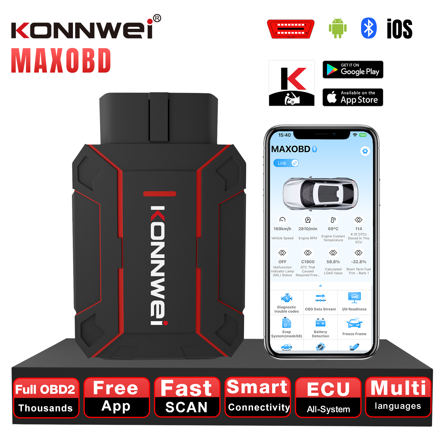 New Arrival Life Free Update KONNWEI MAXOBD OBD2 Scanner Car Diagnostic Code Reader /Wireless for Universal 12V Cars