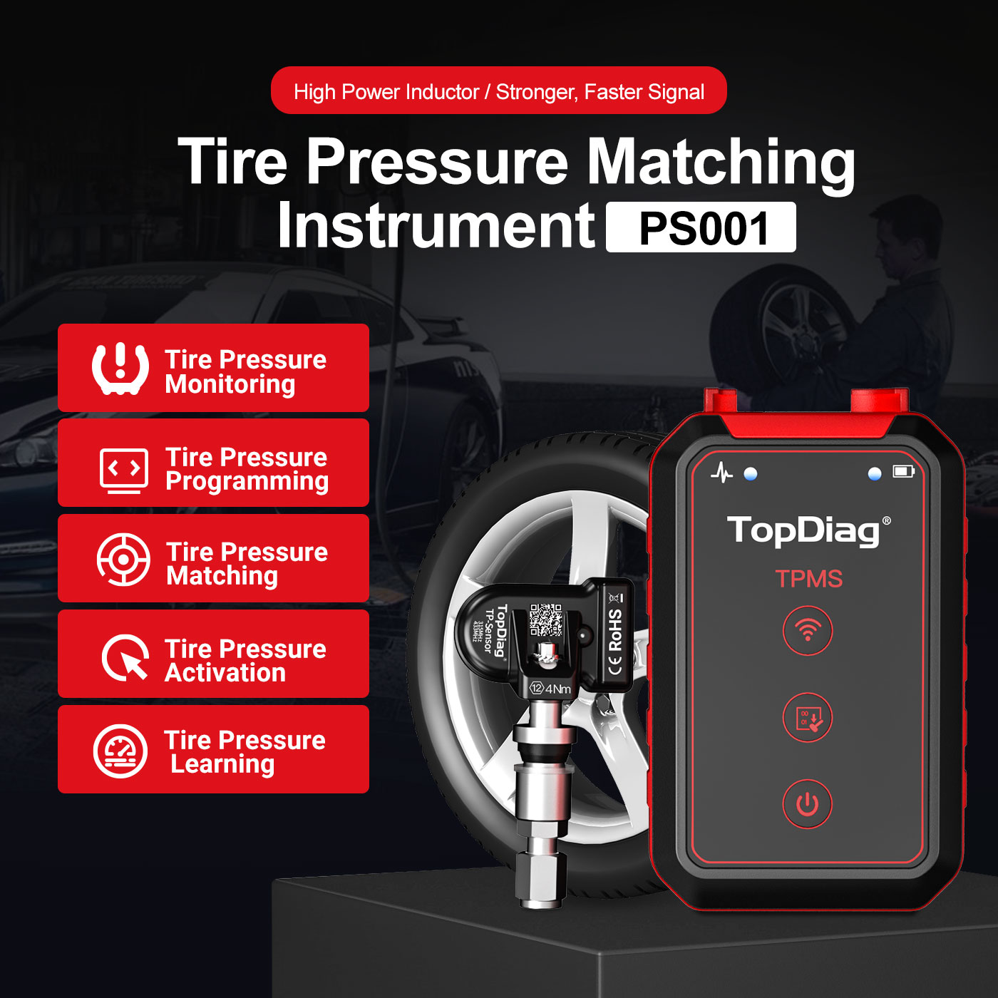 TopDiag PS001 BLE5.0 OBD2 Scanner Automotive Diagnostic Tool with BT TPMS Sensor Programming 5V Voltage Free Online Life Update