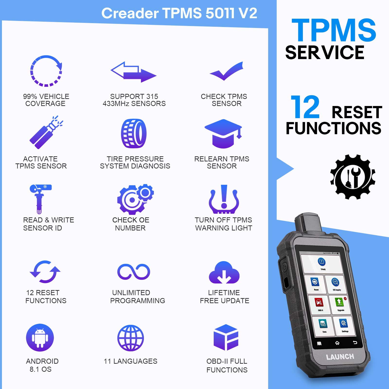 LAUNCH TPMS 5011 V2 Tpms SensCar Diagnostic Tool with 12 Resets Programming &amp; OE Inquiry Function for Tire Pressure Monitoring