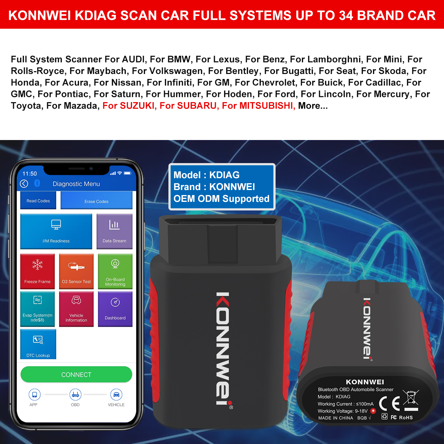 Easy Diag Automotive Multi-system Bluetooth Scan Tool KONNWEI KDIAG Car Scanner with APP