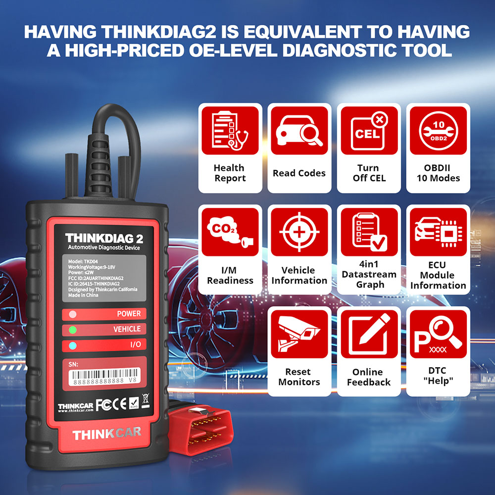 Thinkdiag 2 ECU Coding Diagnostic Tool Full Systems ThinkdiagII OBD2 Scanner with 16 Reset Function THINKCAR OBD Scanner