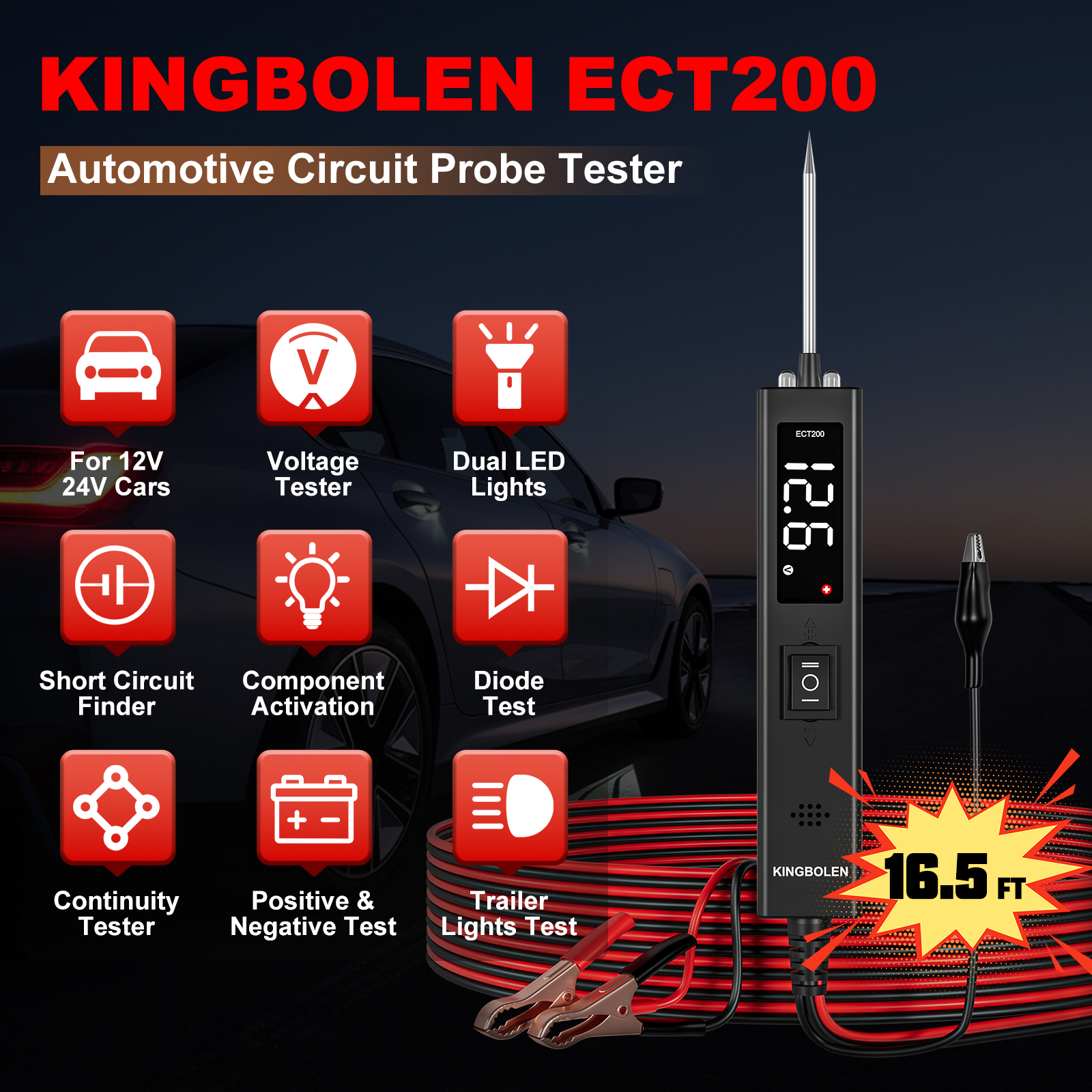 Kingbolen ECT200 Car Circuit Tester 12-24V Battery Tester Automotive Power Probe Kit Electrical System Test