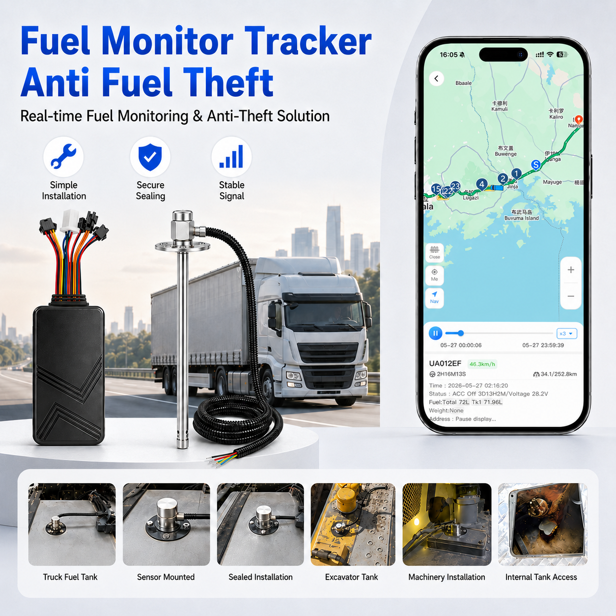 Fuel Monitor Tracker Diesel Anti Theft Real-Time Fuel Level Monitoring System Trucks Fleet Management GPS 4G LTE Android App