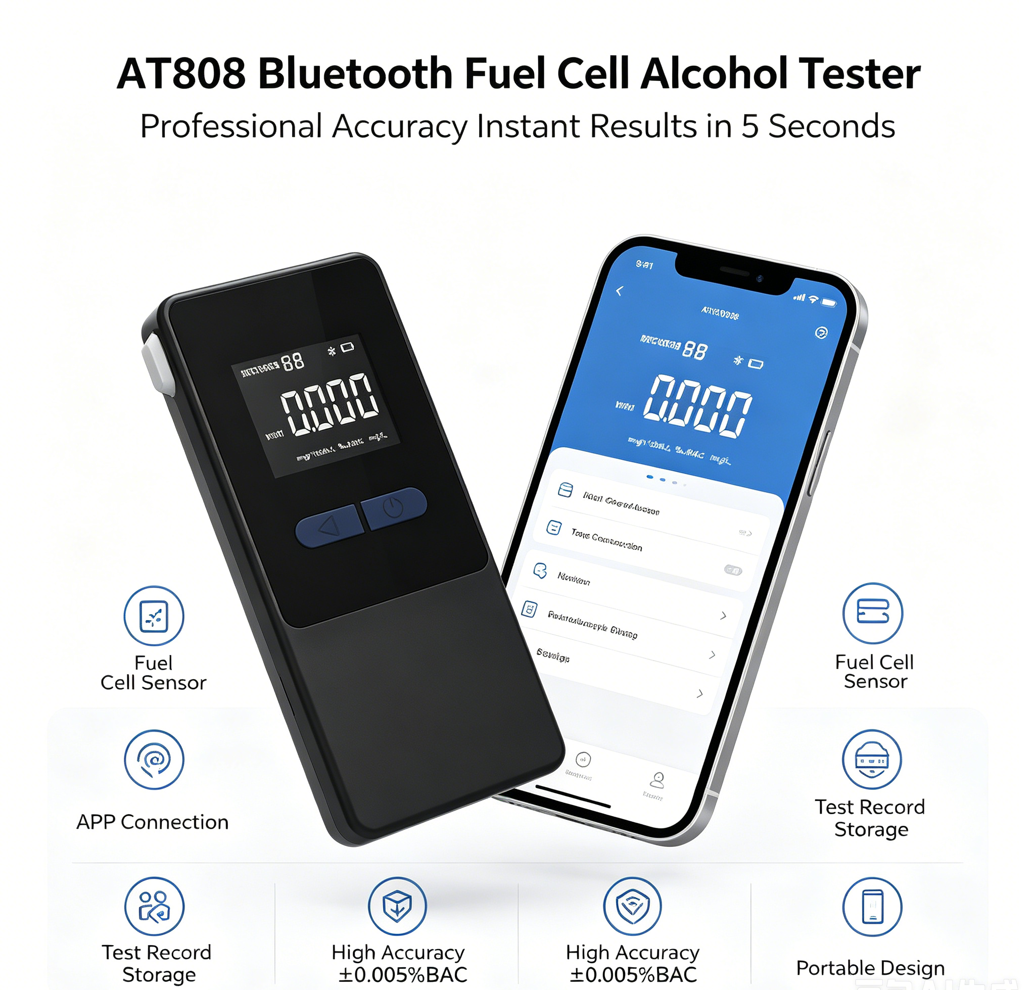 AT808 Bluetooth Fuel Cell Alcohol Tester Portable Breath Analyzer App Connection High Accuracy For Home Travel