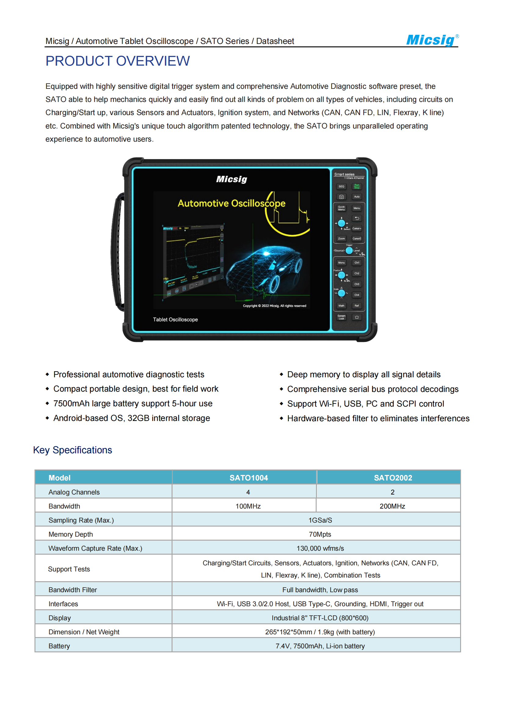 Automotive Oscilloscope SATO Series  100MHz-200MHz  2/4 Channels