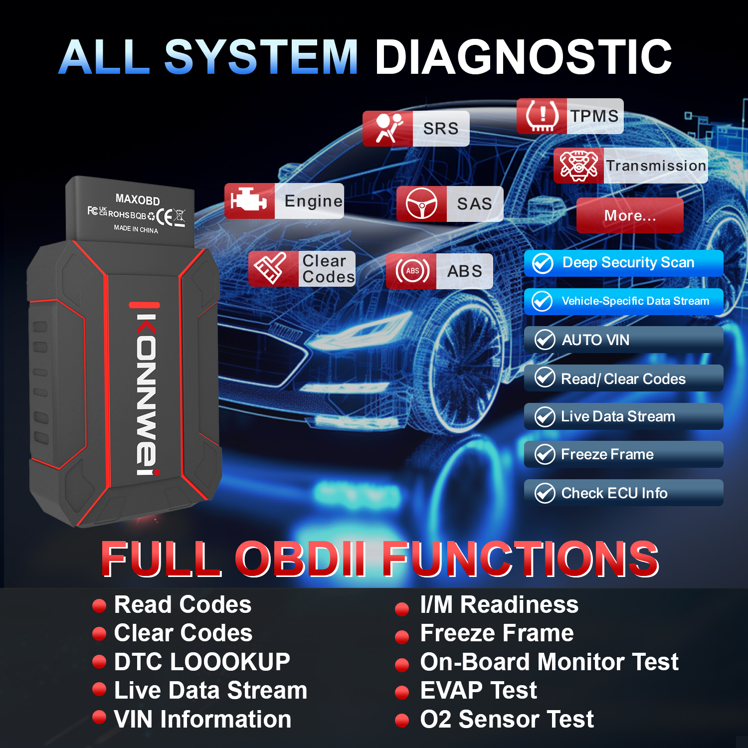 New Arrival Life Free Update KONNWEI MAXOBD OBD2 Scanner Car Diagnostic Code Reader /Wireless for Universal 12V Cars