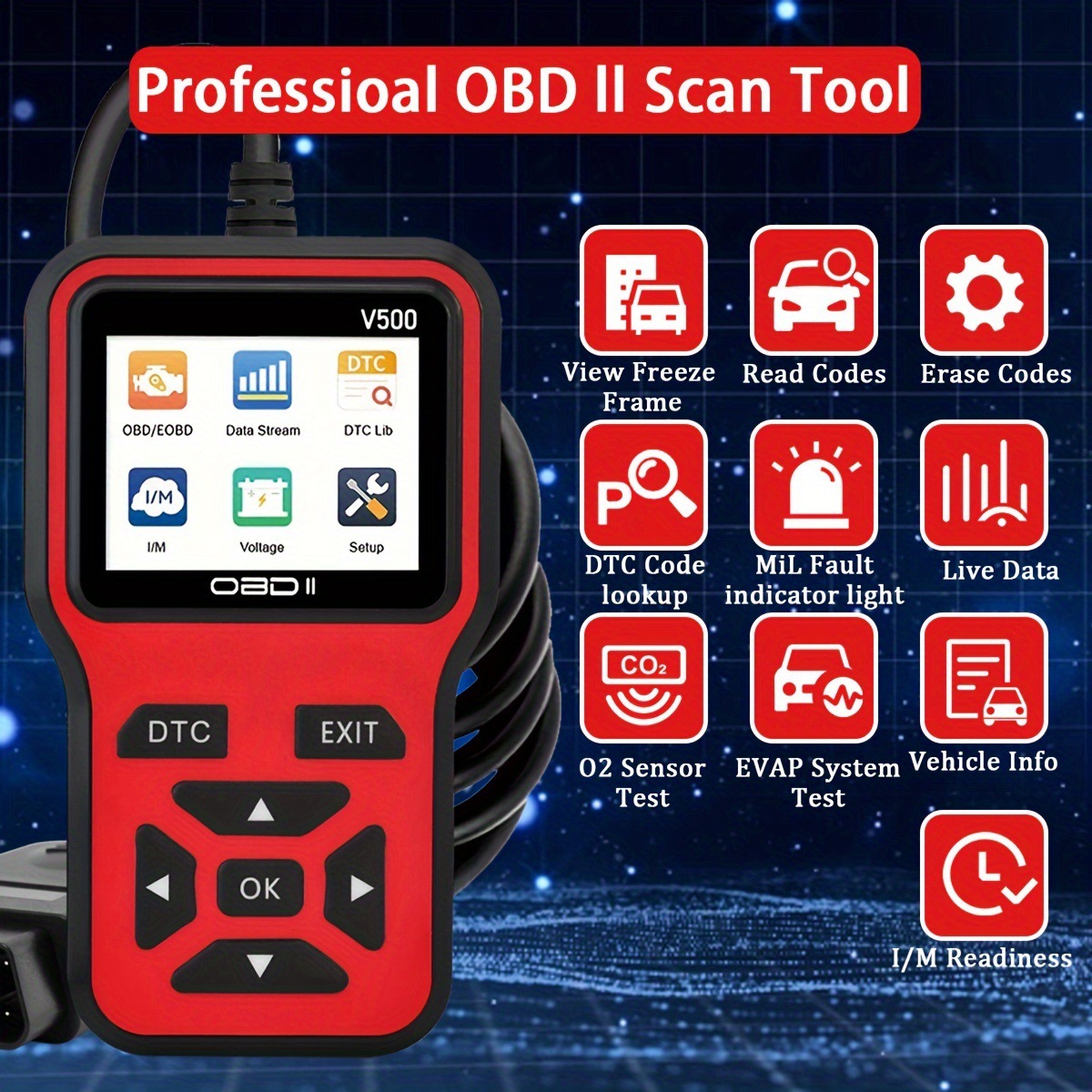 V500 Automotive Diagnostic Tool OBD2 Decoder &amp; Clearer Universal Display Screen