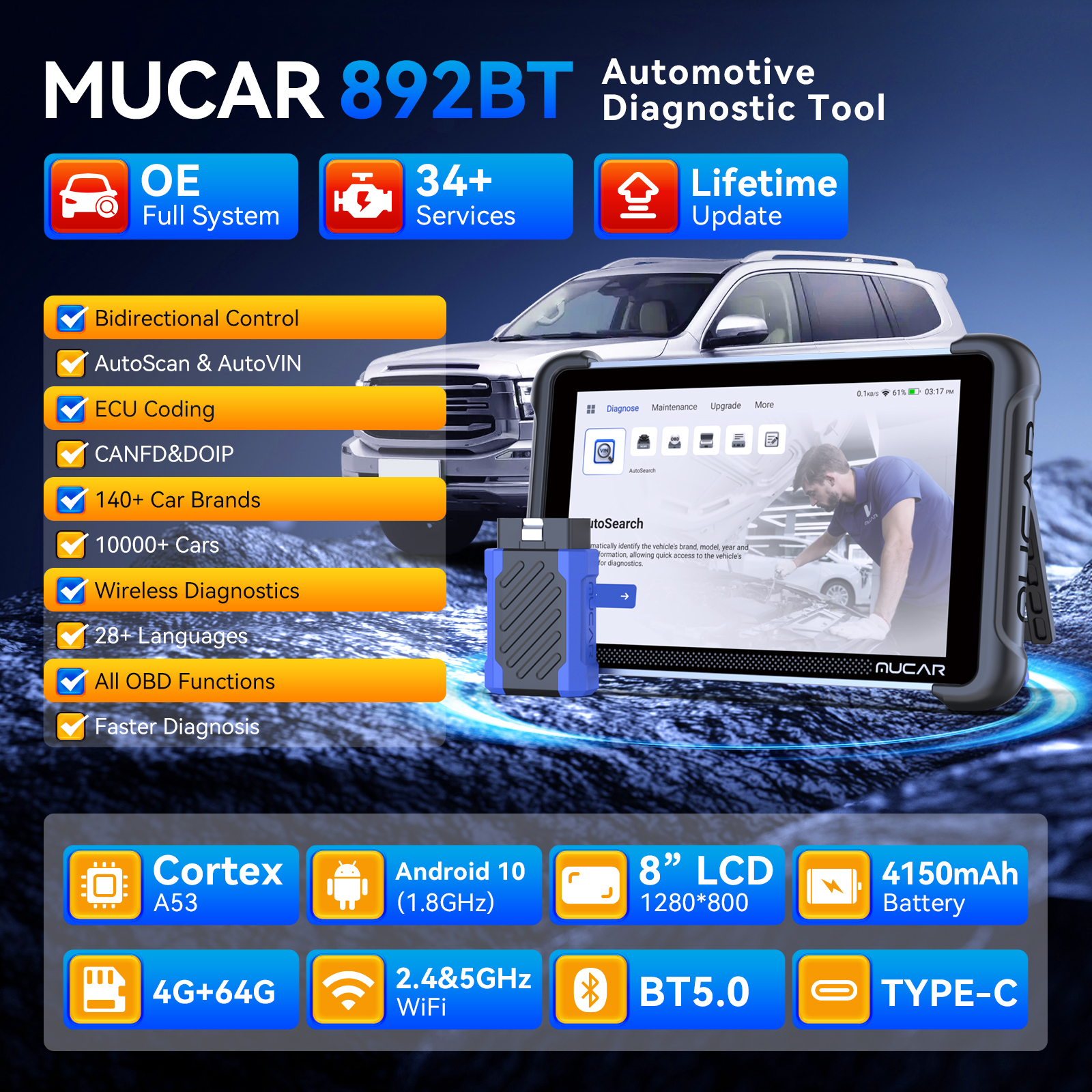 MUCAR 892BT Car Diagnostic Tools AI OBD2 Scanner Professional Automotive Scanner ECU Coding 34 Reset Service