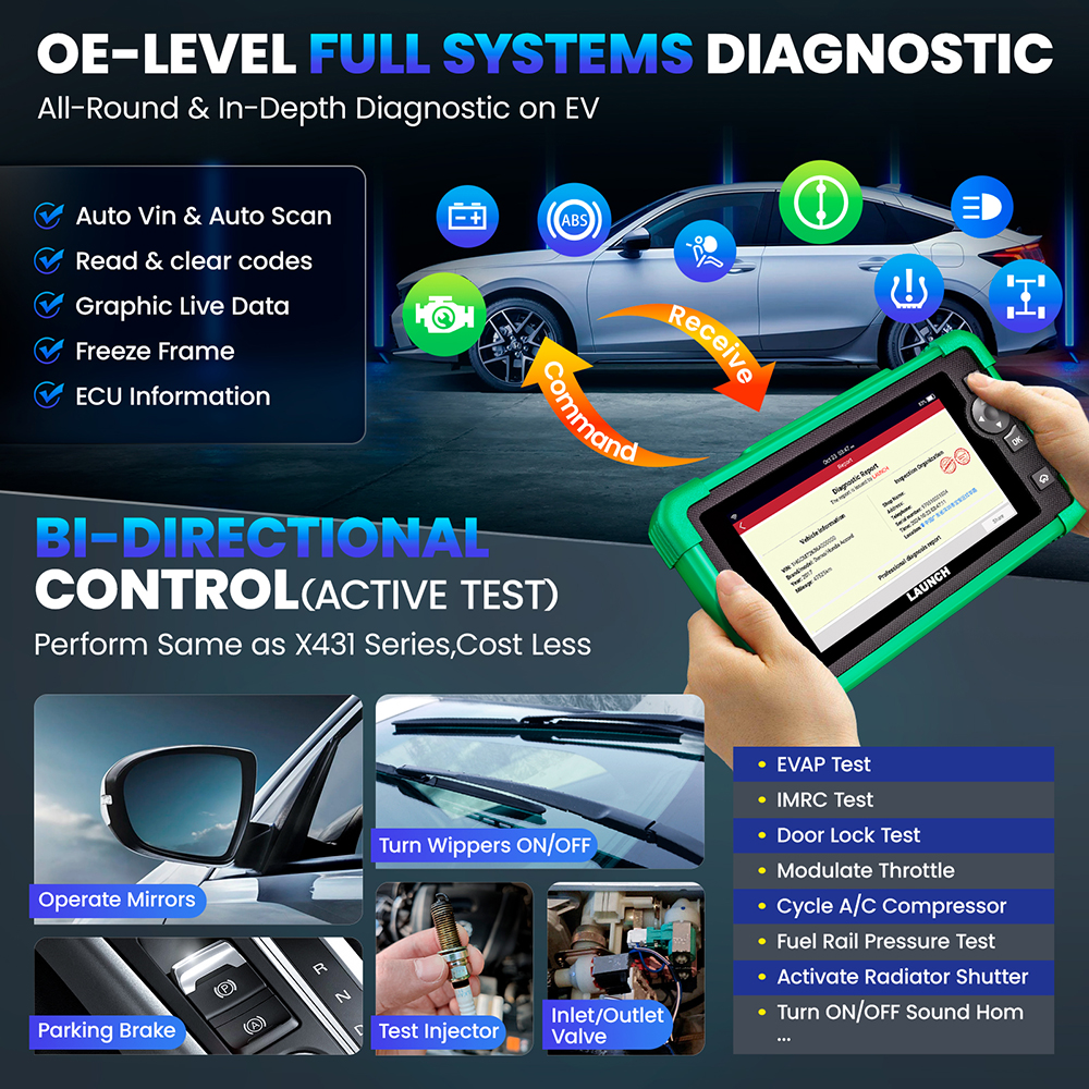 LAUNCH CRP919 EV Electric Vehicle OBD2 Diagnostic Tool Auto Scanner for New Energy Cars Battery Powered English Language