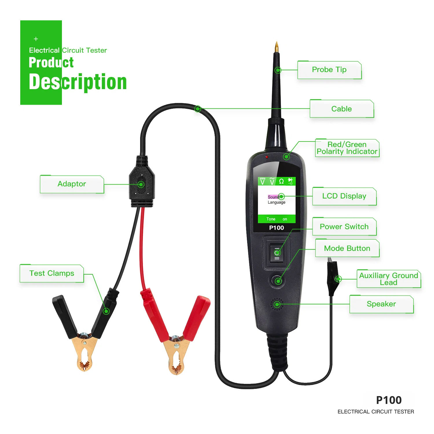 For P100 Digital Automotive Electrical System Circuit Tester with 1 Year Warranty for Cars and Trucks