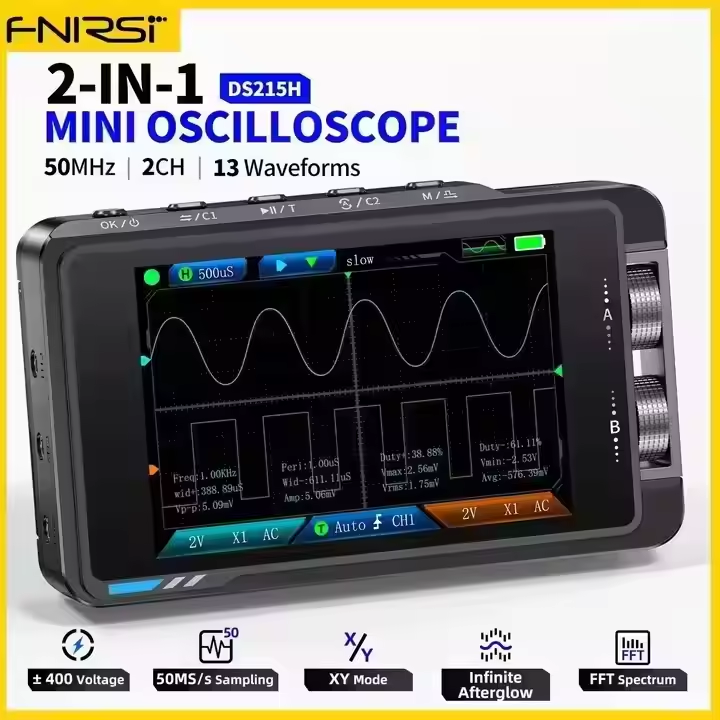 FNIRSI DS215H 50MHz Handheld Oscilloscope &amp; Multimeter, 2-in-1 250MS/s 2CH W/ 8 Languages for Electronics Repair &amp; Automotive