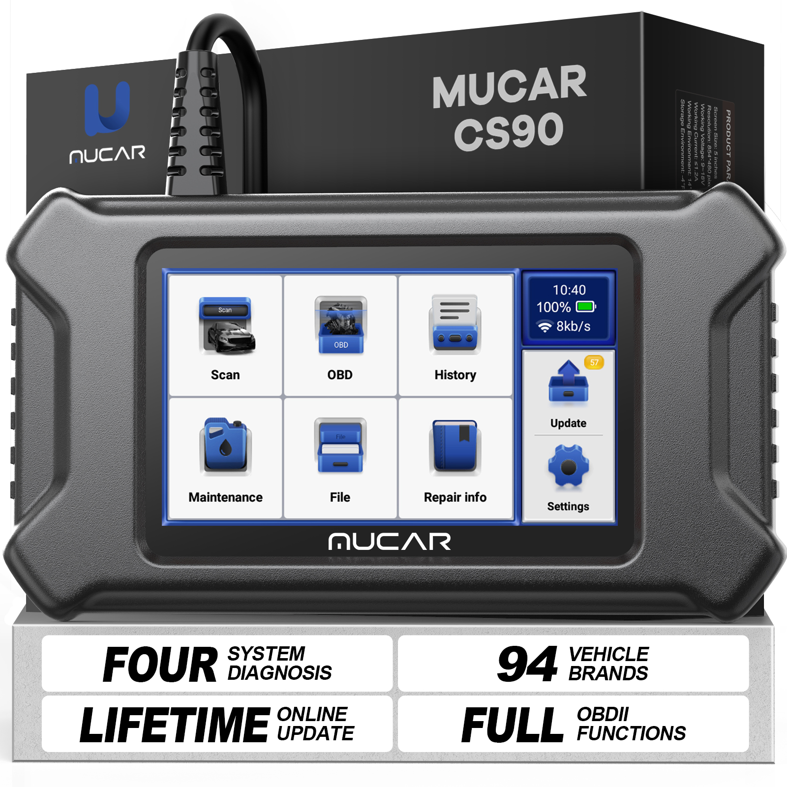 MUCAR CS90 OBD2 Scanner 28 Resets Services Engine System Diagnostic Lifetime Free Update Touch Screen Obd2 Scanner