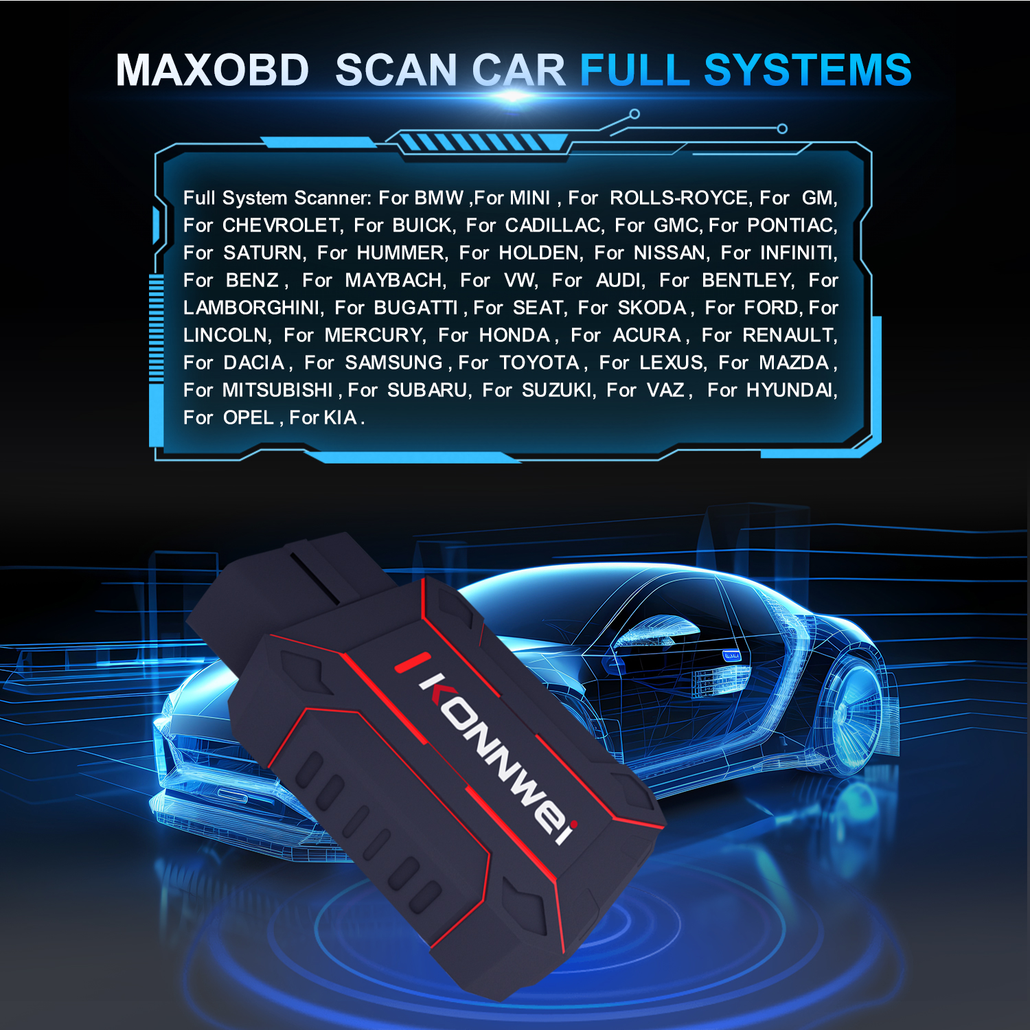 New Arrival Life Free Update KONNWEI MAXOBD OBD2 Scanner Car Diagnostic Code Reader /Wireless for Universal 12V Cars