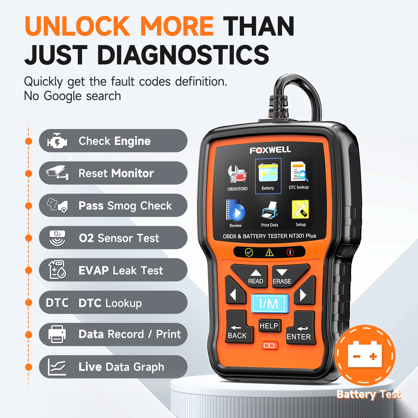 2025 Foxwell NT301 Plus 2-in-1 OBD 2 Scanner Grade a Engine Code Reader and Car Battery Tester 2 Year Warranty Diagnostic Tool