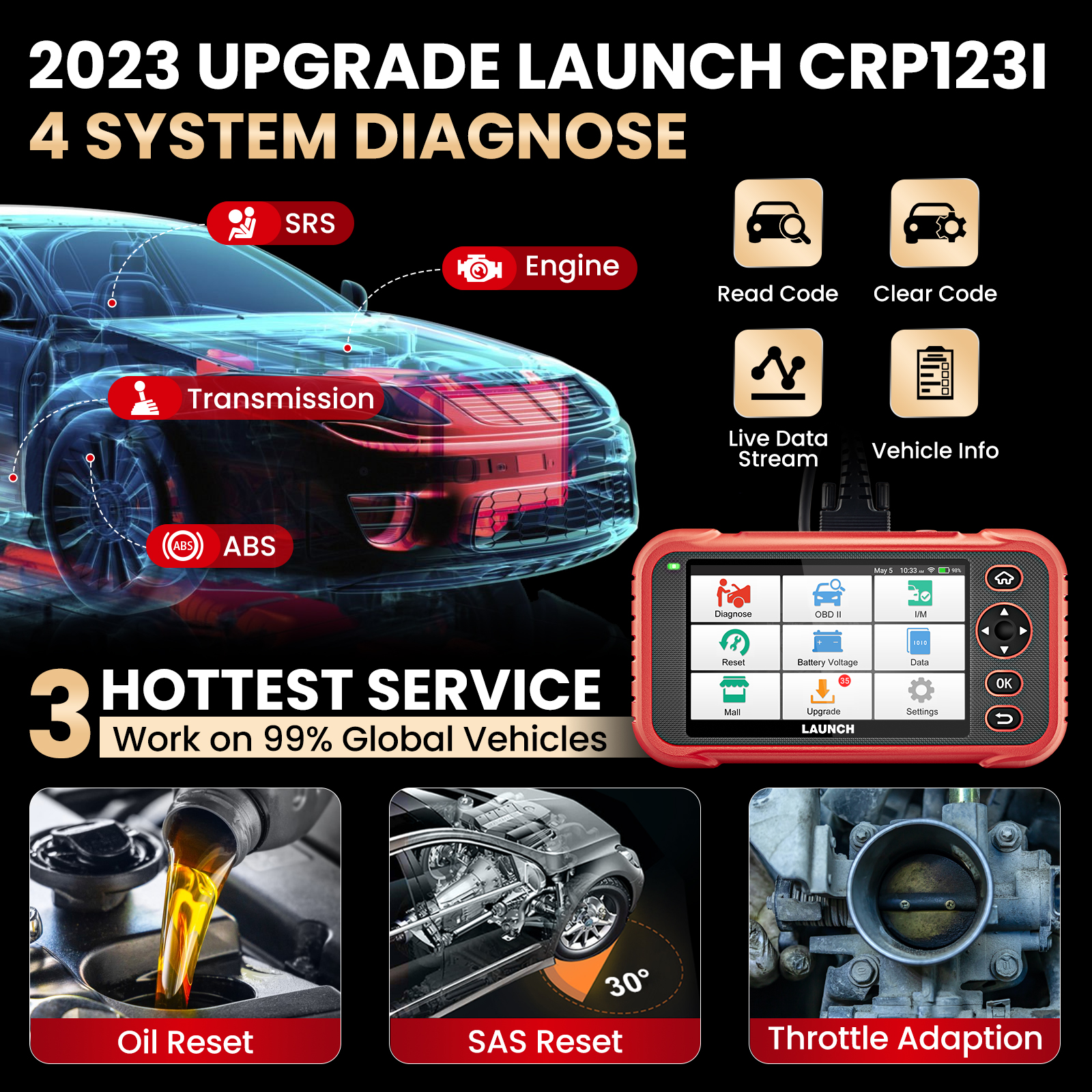 US EU LAUNCH CRP123i V2.0 4 System Diagnostic Tool Machine for All Cars OBD2 Scanner 3 Resets Battery Test Lifetime Free