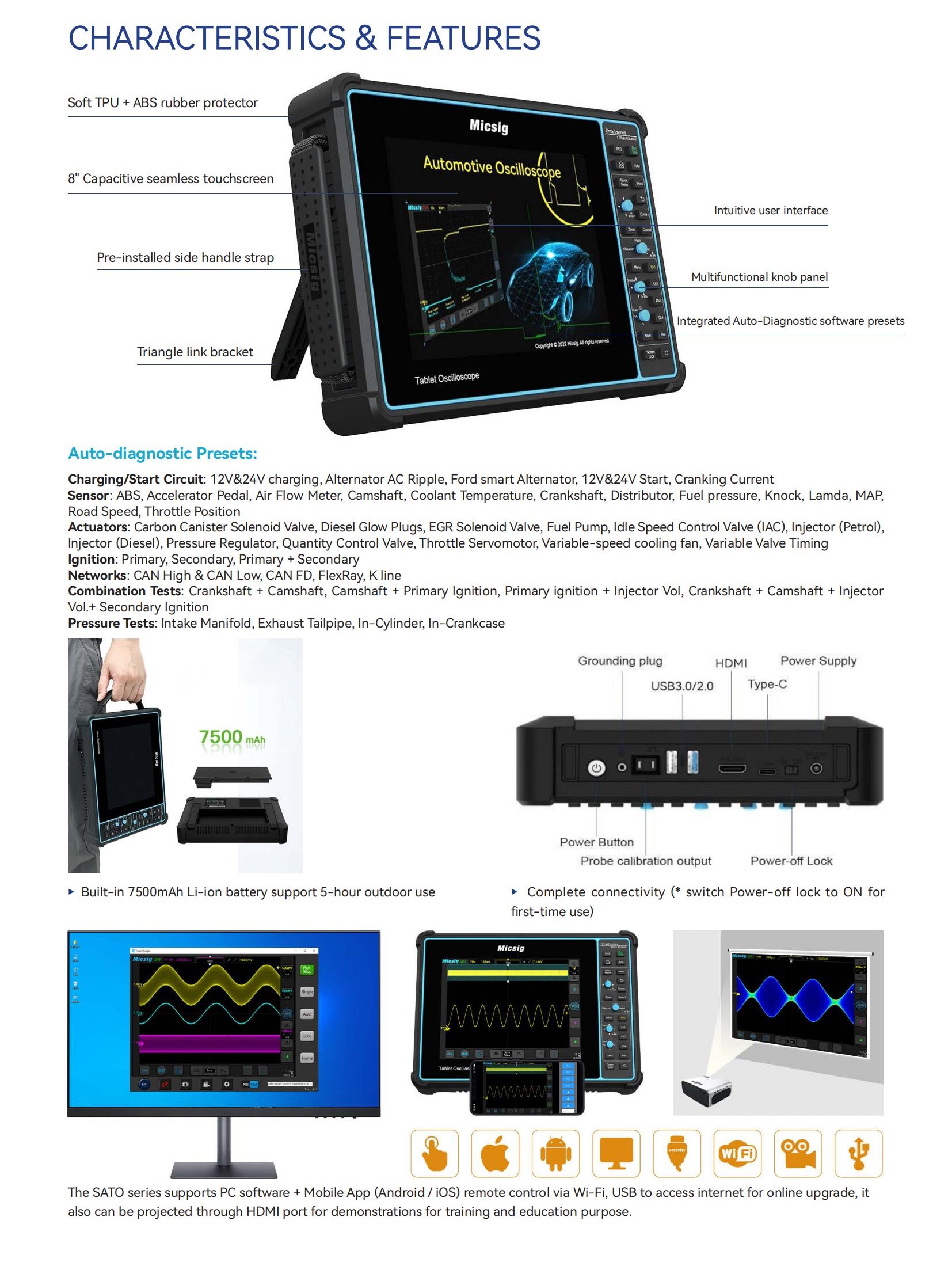 SATO2002 Automotive Diagnostic Oscilloscope Portable Battery-Powered Scope with Wi-Fi and SCPI Remote Control