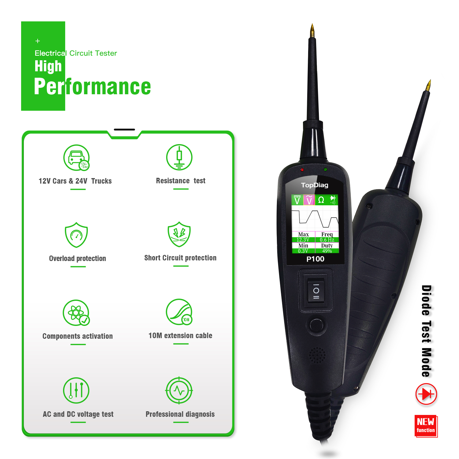 JDiag P100 Automotive Electrical Circuit System Tester Diagnostic Tools for 12V Cars &amp; 24V Trucks 12M Cables