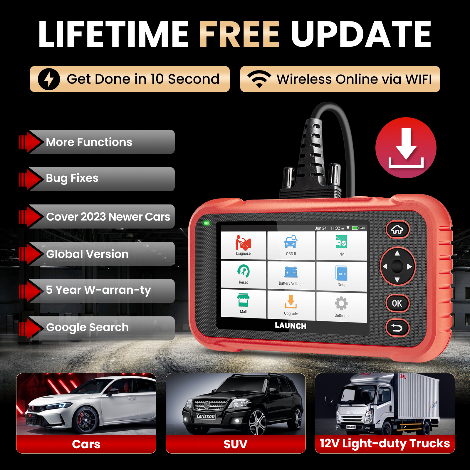 US EU LAUNCH CRP123i V2.0 4 System Diagnostic Tool Machine for All Cars OBD2 Scanner 3 Resets Battery Test Lifetime Free