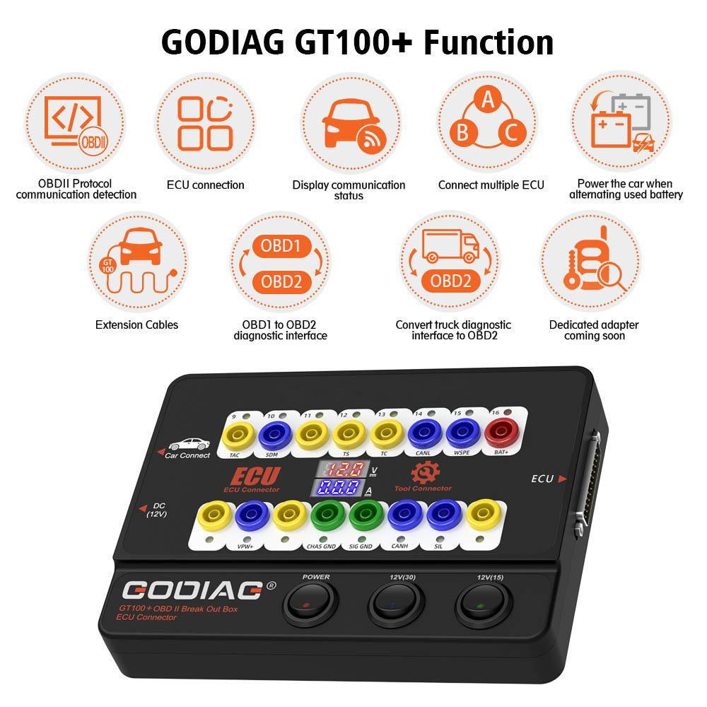 Automotive OBDII Protocol Engine Analyzer Communication Detection Systems Power Probe Godiag GT100 Plus Breakout Testing Plastic