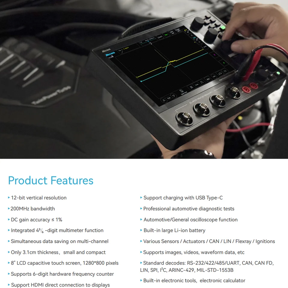 Micsig AHO14 Professional High Resolution Automotive Oscilloscope 12bit 200MHz Bandwidth 4Ch 1 GSa/s 110 Mpts 1 Year Warranty