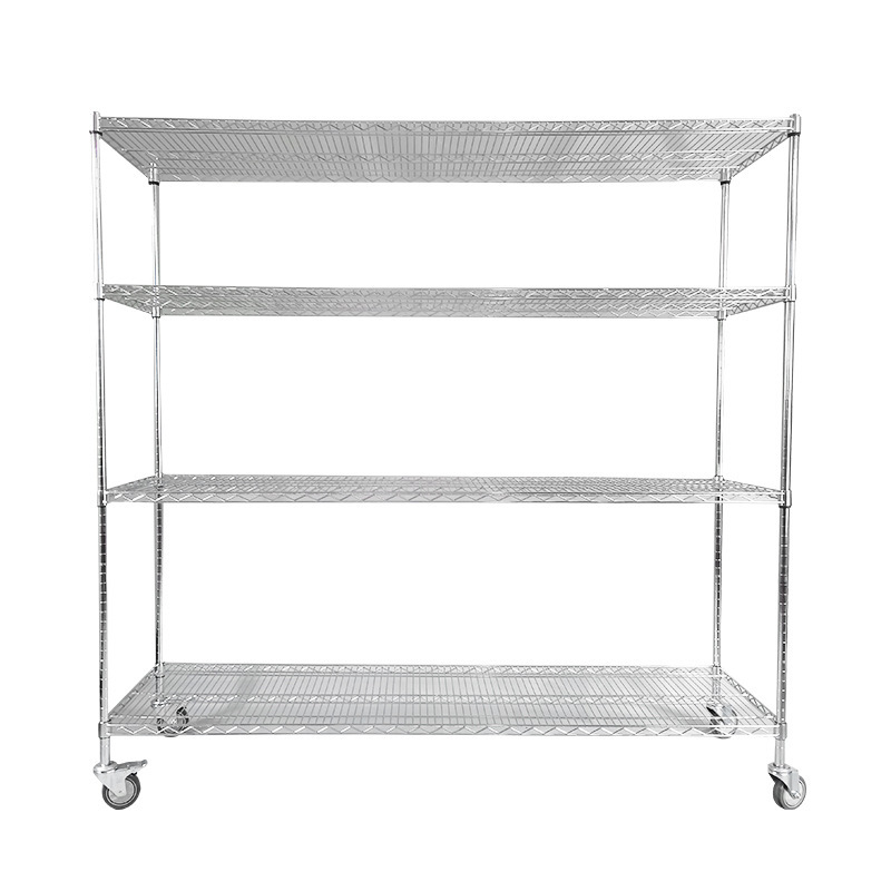 Chrome-plated 4/5 Layer Silver Wire Mesh Shelving Stainless Steel Home Storage Rack Wheels Movable Display Stand Hook-up