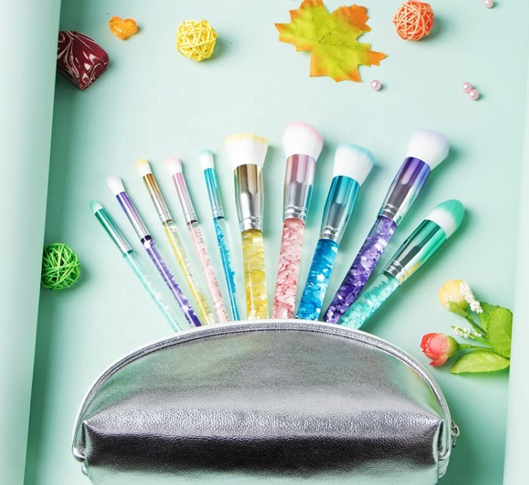 10PCS Plastic Acrylic Handle Makeup Brush Portable Blush Makeup Brush Set Beauty Brush Tool with Bag