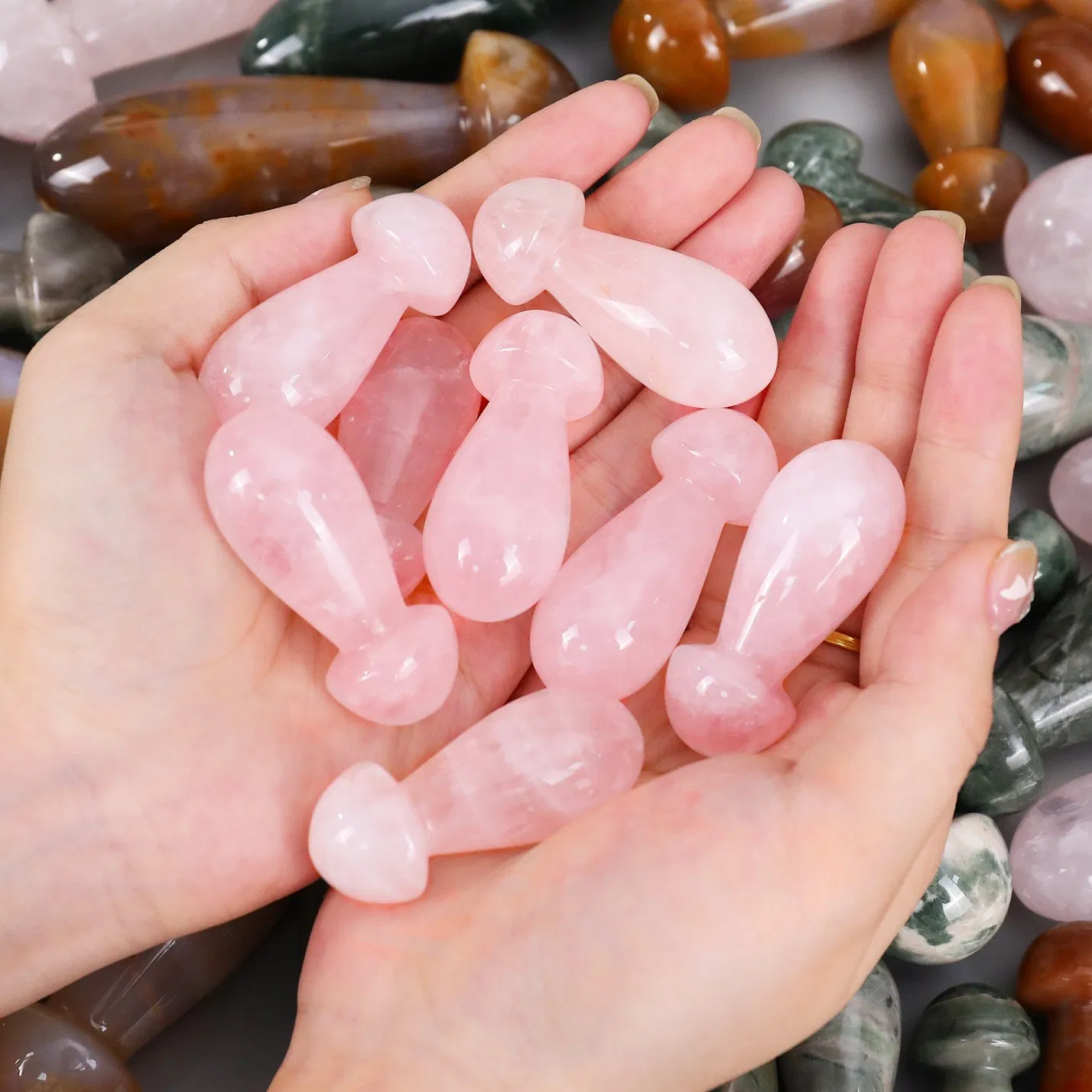 2.0" Natural Rose Quartz Crystal Hand Polished Massage Tool, Scraping Plate Crystal Facial Massage Beauty Tool, Mushroom Massage Tool