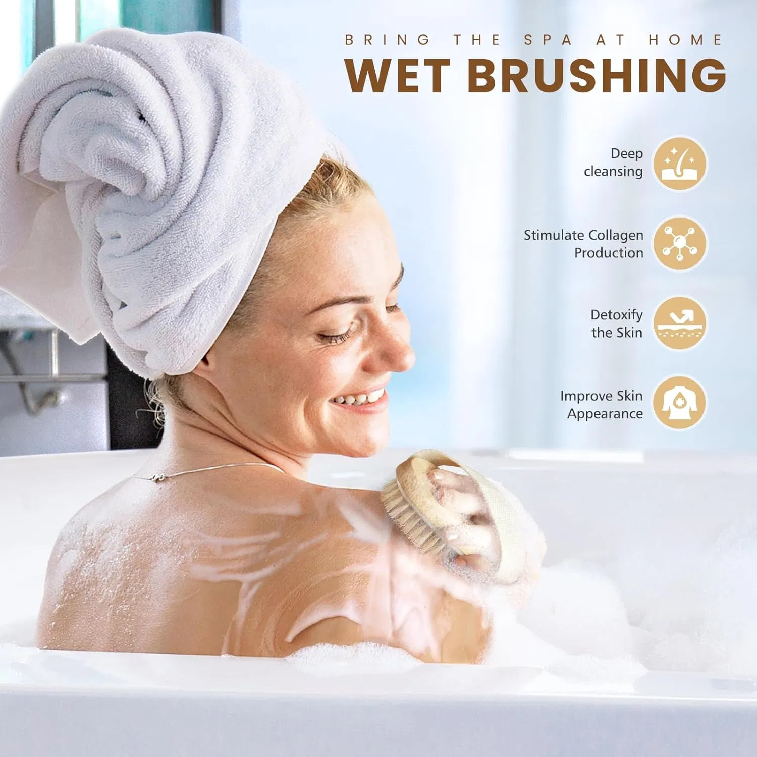 Beautichen Wooden Bath Brush – Natural Bristle Body Scrubber for Exfoliation, Massage, and Skin Care